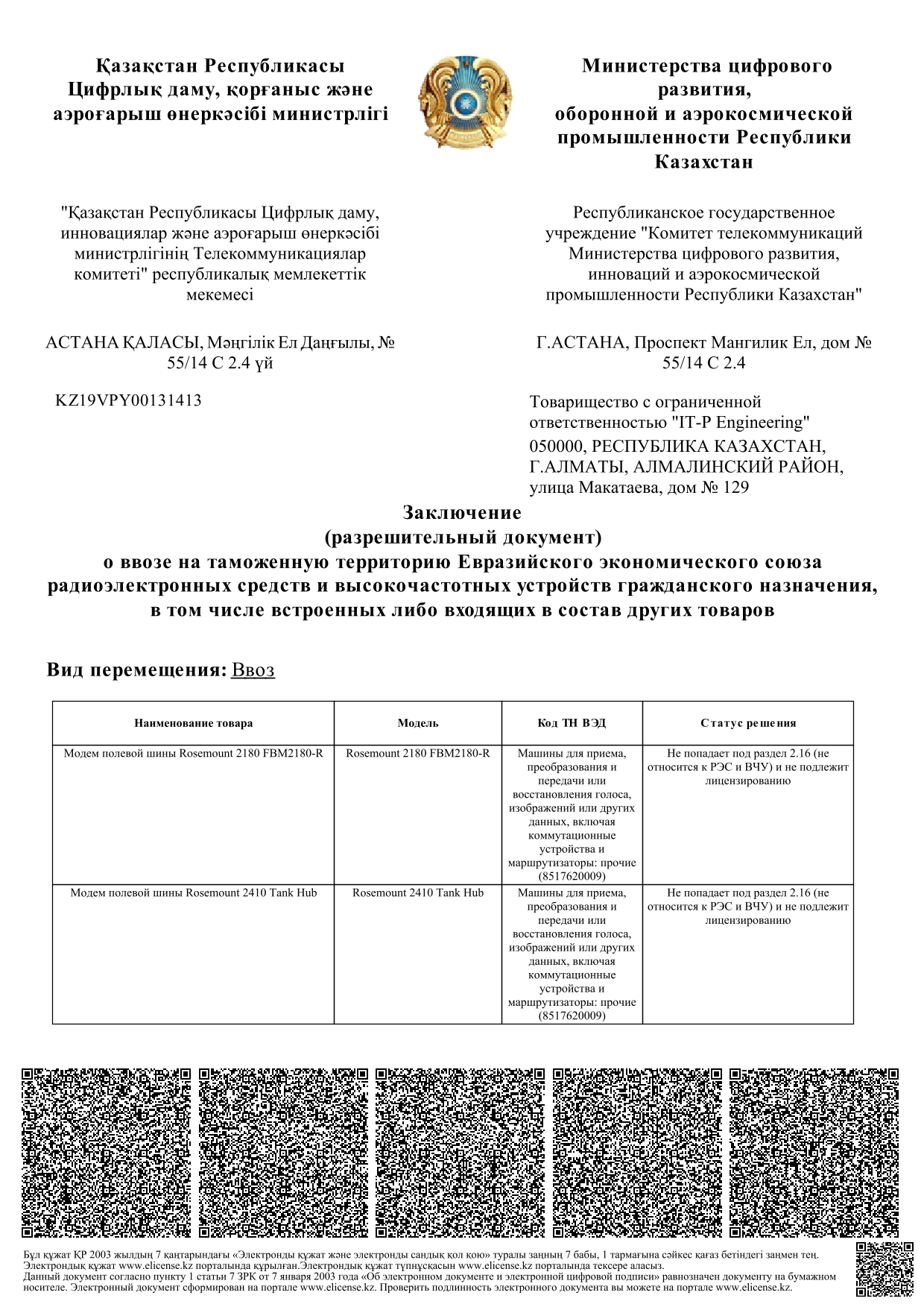 Лицензия на выдачу заключений на ввоз радиоэлектронных средств и высокочастотных устройств